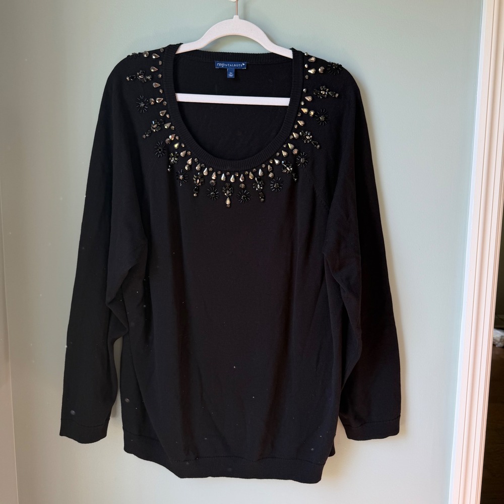RSVP by Talbots Sweater Black Beaded Scoop Neck Cotton Blend Size 3X